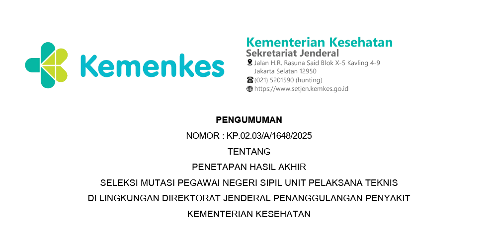 Pengumuman Hasil Akhir Seleksi Mutasi PNS Unit Pelaksana Teknis di Direktorat Jenderal Penanggulangan Penyakit Kemenkes